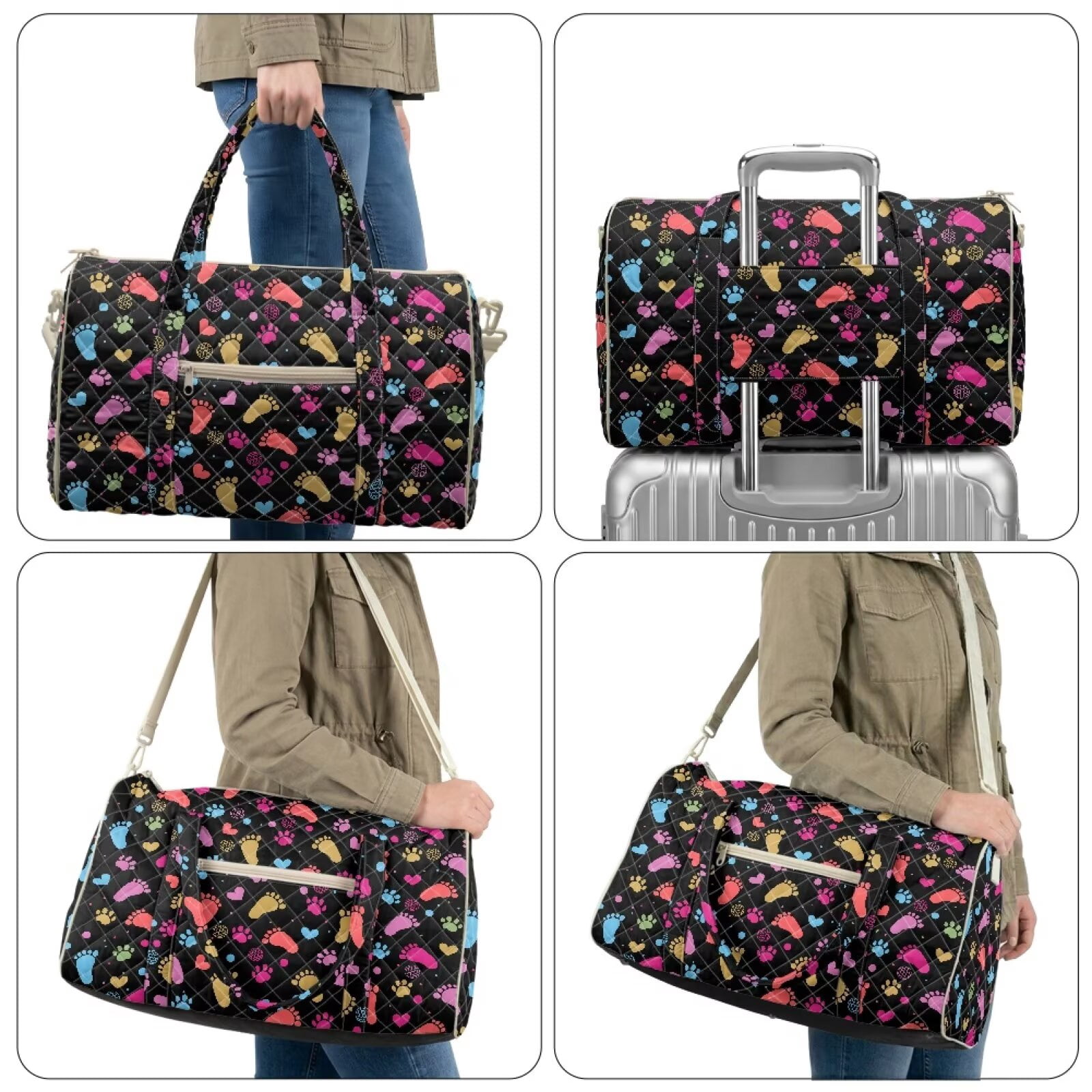 Pzuqiu Quilted Weekender Bag for Women, Large Capacity Puffy Duffle Bag with Colorful Paw Print, Lightweight Portable Carry-On Travel Tote Overnight Bags for Trips, Gym, Hospital