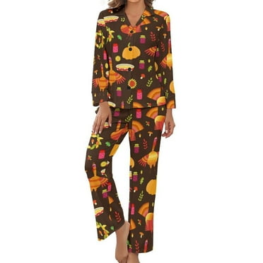 Women's Pajama Set Thanksgiving Turkey Long Sleeve Satin Button Down Nightwear Sleepwear, Soft Loungewear Pjs Sets