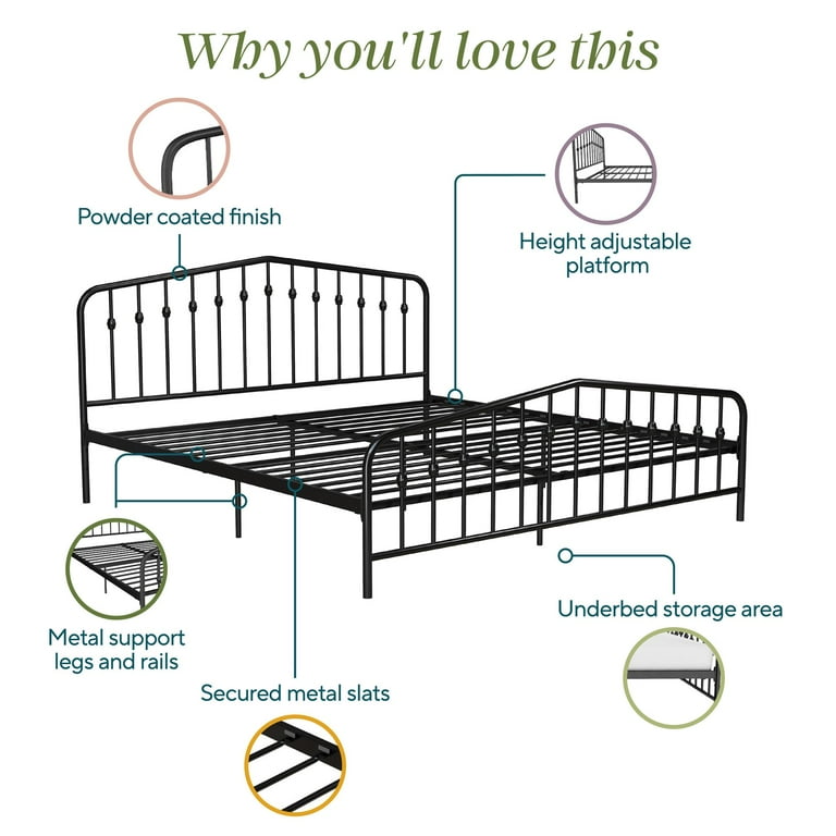 Novogratz Bushwick Metal Bed, King, Black, Modern Farmhouse Design