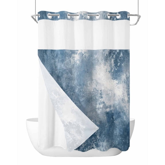 No Hook Shower Curtains with Detachable Snap-in Liner Set, Blue Grey Waterproof Hotel Style Bathroom Shower Curtain, Oil Painting Modern Abstract Breathable Mesh Top Window Bath Curtains 72''x84''