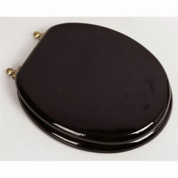 Designer Solid Round Oak Wood Toilet Seat with Antique Brass Hinges, Dark Brown Oak