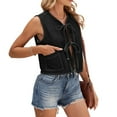 thumbnail image 2 of Women Tie Front Denim Tank Tops Spring Summer Casual Crew Neck Sleeveless Shirts Ruffle Vest Tops Black & Gray S, 2 of 9
