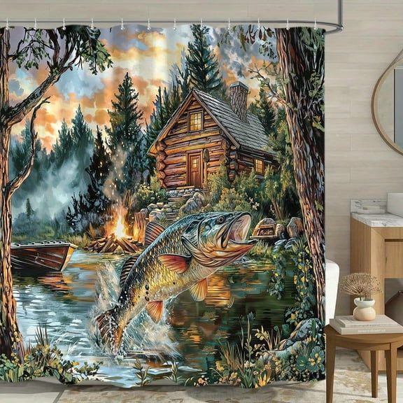 1PC Shower Curtain 66*72in Sanzugh Rustic Cabin Fish Shower Curtain, Country Lake Bass Fishing Fabric Shower Curtains Set for Men Bathroom Decorative with Hooks Bath Decor