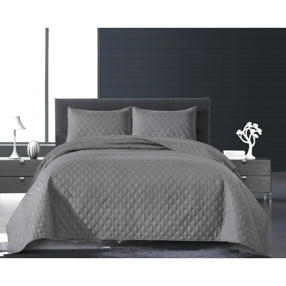 EleganHome 3-Piece Quilt Set Gray Color, Diamond Pattern Bedspread/Coverlet Queen Size (90"x90")