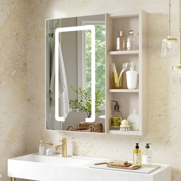 Uoisaiko LED Medicine Cabinet Wall Mounted with Mirror, 3-Color Adjustable - Pre-Assembled Anti-Fog 24"x26", Light Gray