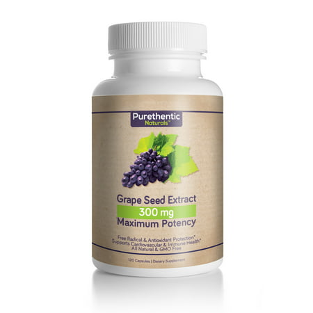 Grape Seed Extract Capsules 300mg, 120 Count, 4 Month Supply, Natural Maximum Potency, Purethentic Naturals, (95% Proanthocyanidins) (No Messy Liquid or Loose (Best Grapefruit Seed Extract For Candida)