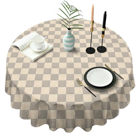 Beige Gray Checkerboard Checkered Pattern Round Tablecloth 60"x60",Wrinkle Wipeable Table Cloth for Kitchen Dining Room Picnic Patio Party
