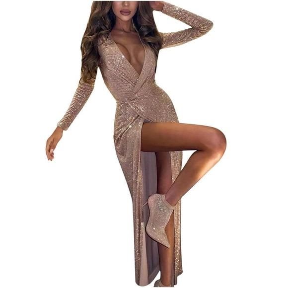 XZNGL Long Sleeve Dress for Women Sexy Women Sexy Deep V-Neck Self Cultivation Long Sleeve Bag Hip Slim Elegant Ladies Party Sequins Dress Party Dress for Women Sexy Elegant