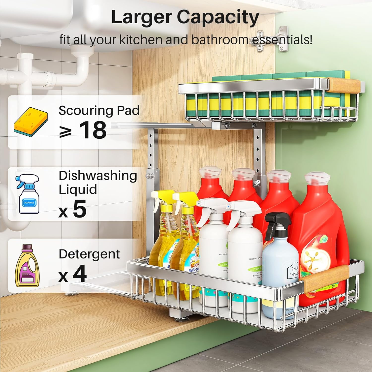 Under Sink Organizer, 2 Packs 2 Tier Under Sink Organizers and Storage, Slide out Pull out Cabinet Organizer Shelf, Metal Sliding Drawer for Kitchen Bathroom Pantry Cabinet Closet Organization Rack