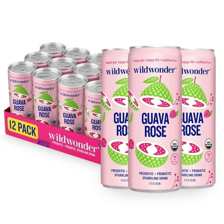 Wildwonder Guava Rose, Prebiotic   Probiotic Sparkling Drink, 12oz Cans (12-Pack)