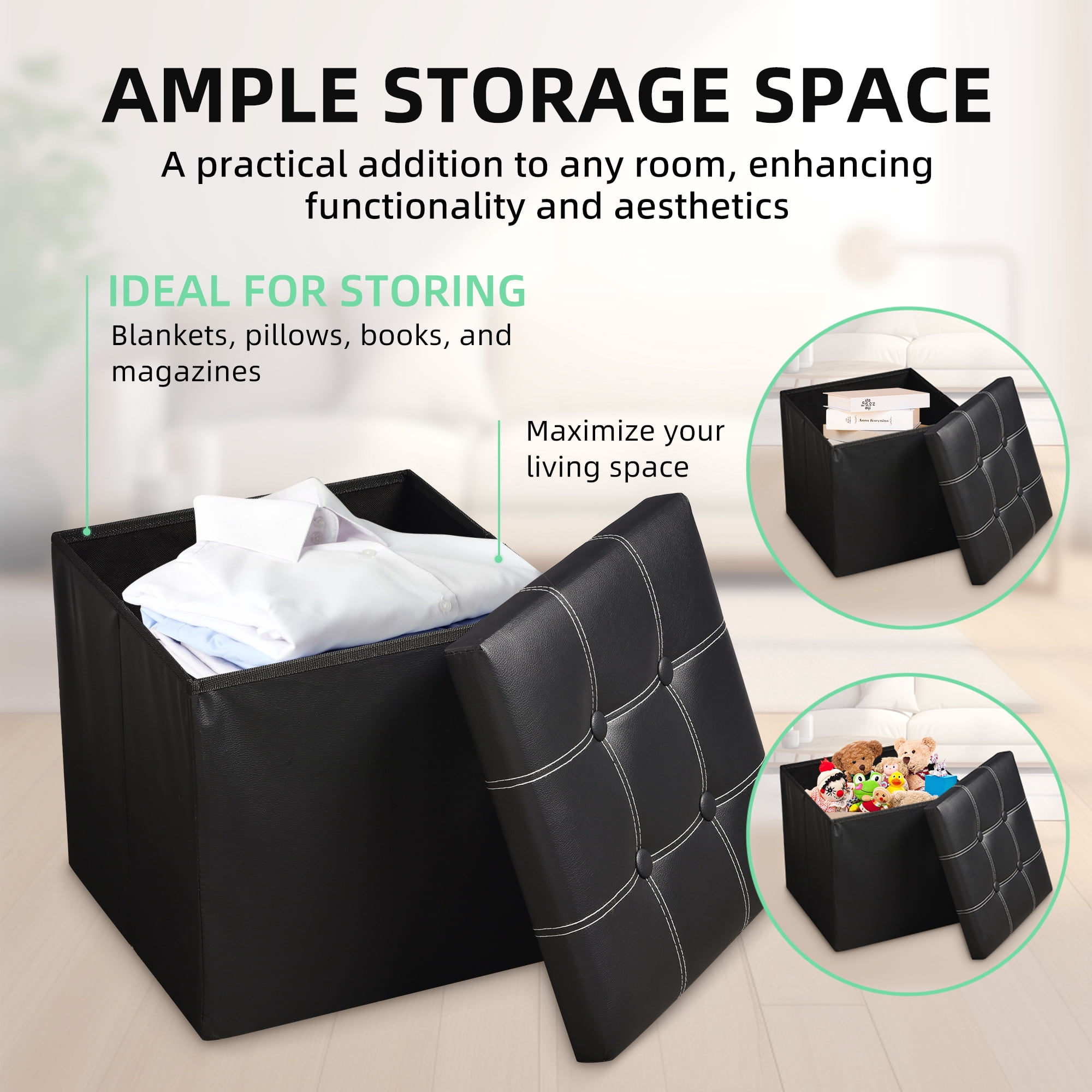 OUTMASTER Ottoman With Storage,Foldable Small Foot stool with Thickened Foam Cushion,14.9*14.9*13.8