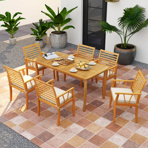 Costway 7 PCS Patio Dining Set Acacia Wood Table and Chairs Set with 1.97” Umbrella Hole