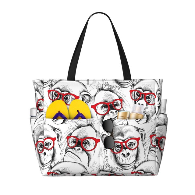 Fotbe Monkey Pattern Water-Resistant Beach Travel Bag - Large Capacity Tote with 7 Pockets, Lightweight Design for Women & Men, Perfect for Beach, Pool & Gym