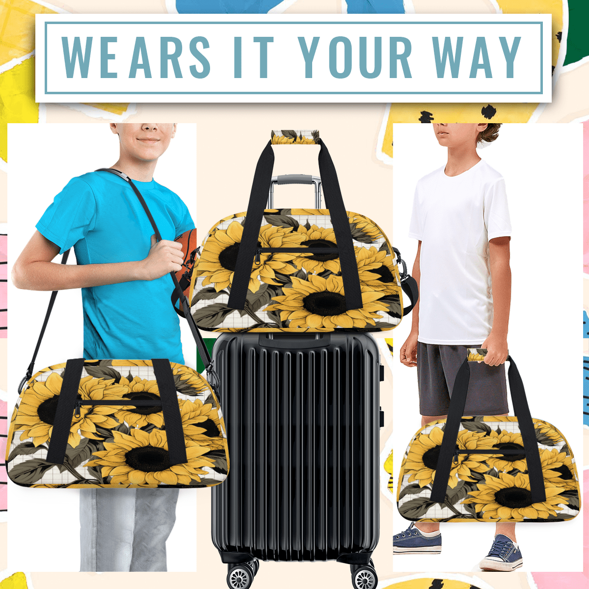 Herdesigns Yellow Sunflower Sports Duffle Bag for Women & Men, Gym Bag Dance Bag Overnight Bag Carry On Weekender Travel Bag