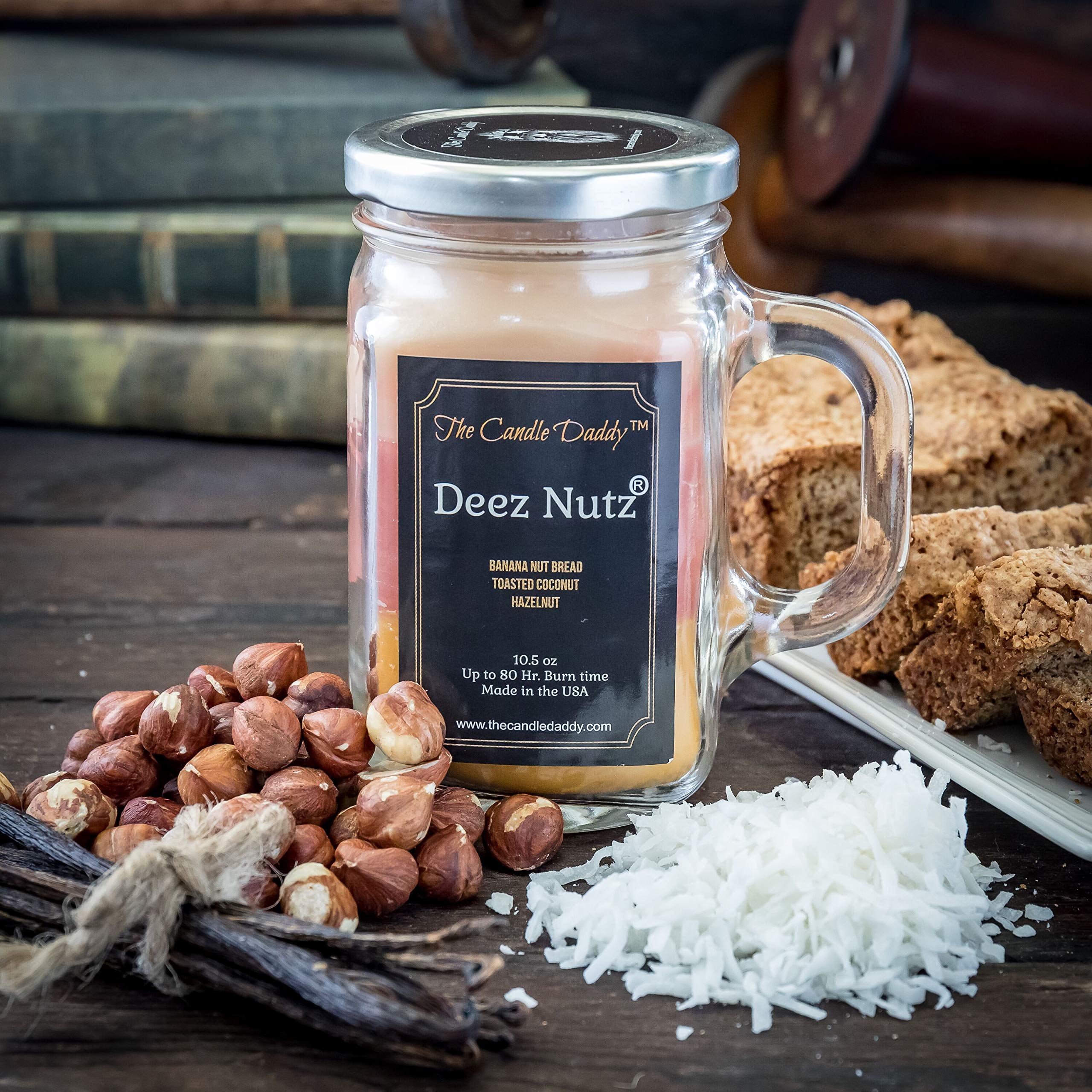 Deez Nutz Scented Candle Banana Nut Bread Toasted Coconut Hazelnut Scented Triple Layer Candle 10 5 Oz Mason Jar Candle Funny Gag Joke Candle Poured In Small Batches In Usa Deez Nutz Scented Candle Banana Nut Bread Toasted Coconut Hazelnut Scented Triple Layer Candle 10 5 Oz Mason Jar Candle Funny Gag Joke Candle Poured In Small Batches In Usa