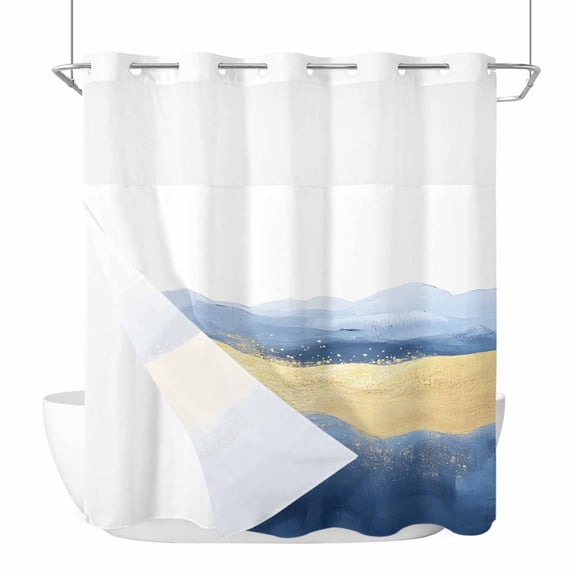 No Hook Shower Curtains with Detachable Snap-in Liner Set, Blue Yellow Waterproof Hotel Style Bathroom Shower Curtain, Modern Abstract Art Waves Breathable Mesh Top Window Bath Curtains 66''x72''