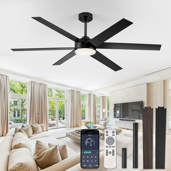 60 in. Outdoor/Indoor Black and Walnut 6 Blades Large Ceiling Fan with Lights and Remote