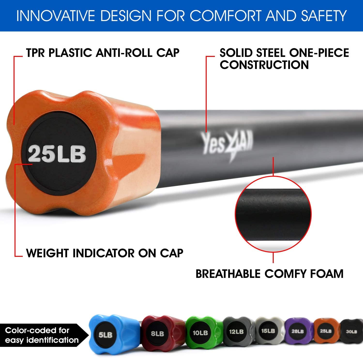 Yes4All Total Body Weighted Workout Bar, for Exercise, Therapy, Aerobics, Yoga, Strength Training - 25lbs