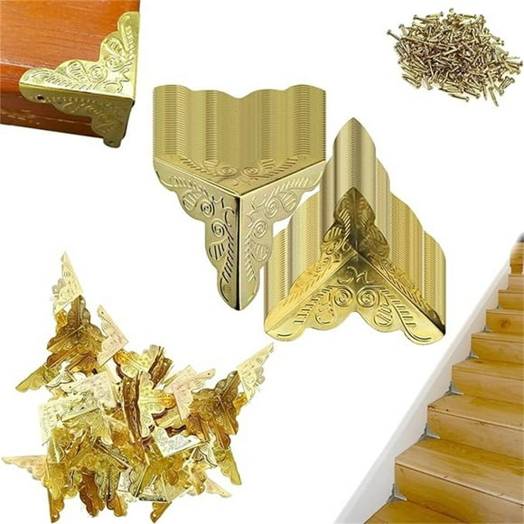 ESSSUT Wooden Steps Stair Dusts Corners Decorative 100Pcs Antique Dusts Corners For Stairs 25Mm Vintage Edges Guard With Screws Vintage Stair Dusts Corners Gold Free Size