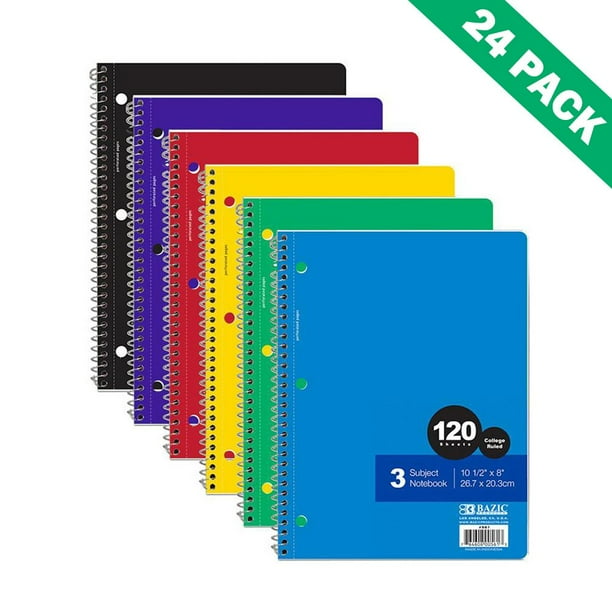 Spiral Notebook College Ruled, 3 Subject Perforated Bound Spiral