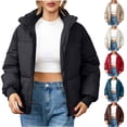 thumbnail image 6 of Trendy Bomber Puffer Jackets Ladies Cozy Warm Winter Full-zip Cardigan Crop Short Coats Stand Collar Outerwear (X-Large, Wine), 6 of 6