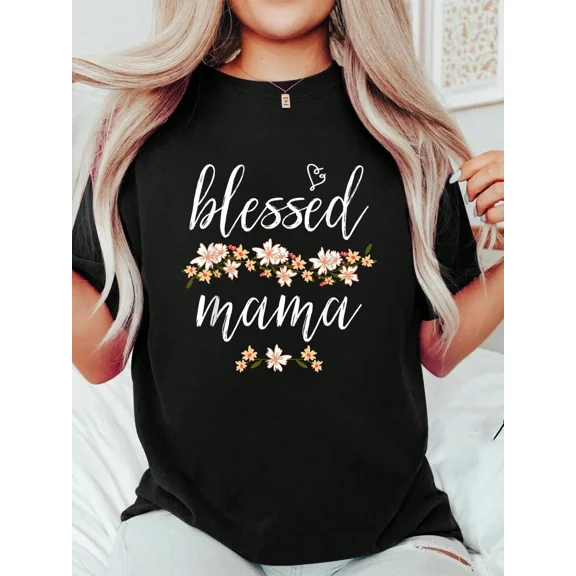 Blessed Mama Floral Graphic T-Shirt for Women, Comfortable Crewneck Short Sleeve Tee, Thoughtful Mother's Day Gift, Stylish Mama Apparel