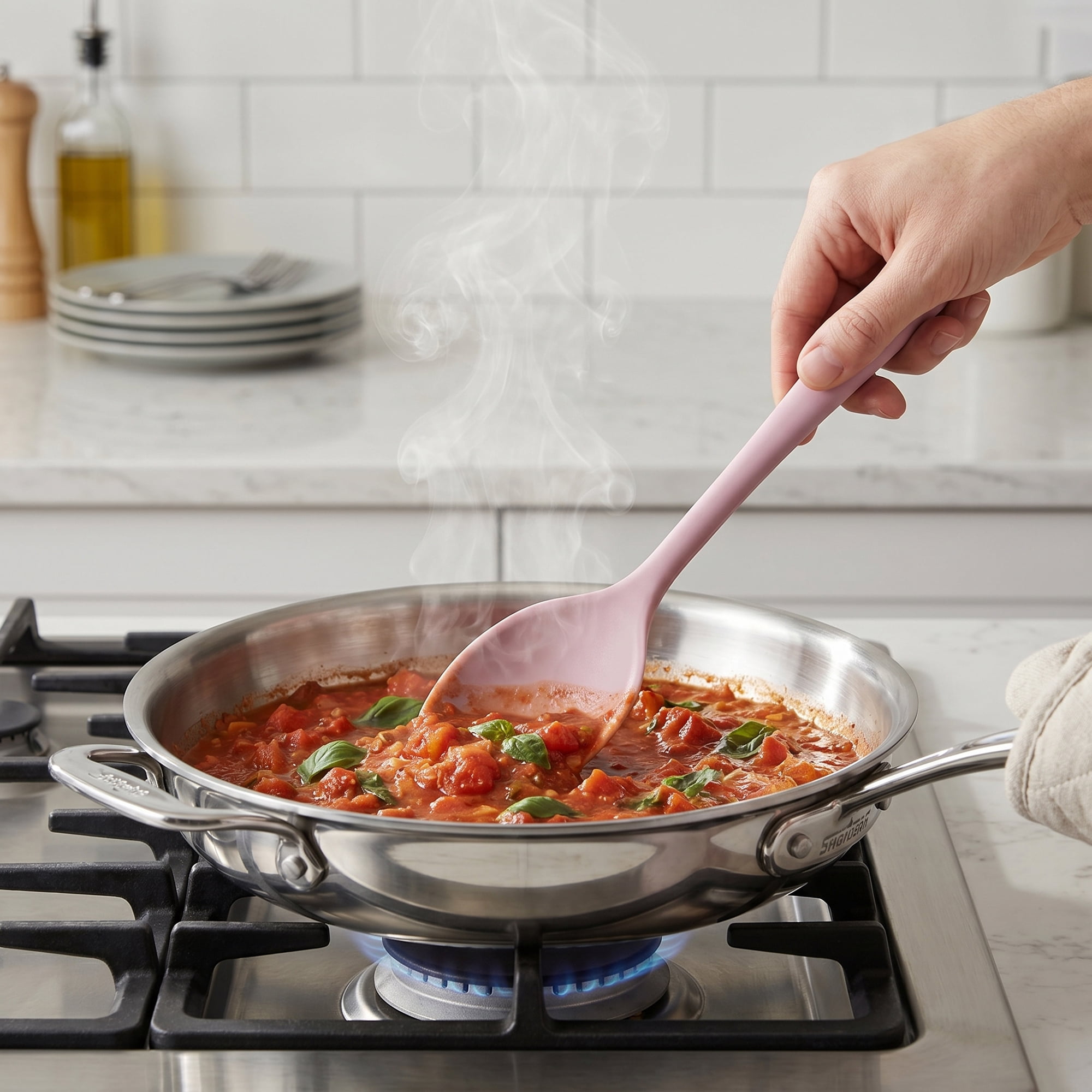 Unique Bargains Silicone Non Stick Heat Resistant Cooking Spoon Pink 12.5x3.1in