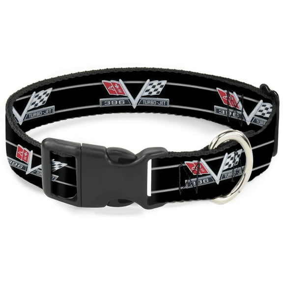 GM General Motors Pet Collar, Dog Collar Plastic Buckle, 1967 Impala 396 Turbo Jet V Emblem Stripe Black, 7 to 8.5 Inches 0.5 Inch Wide