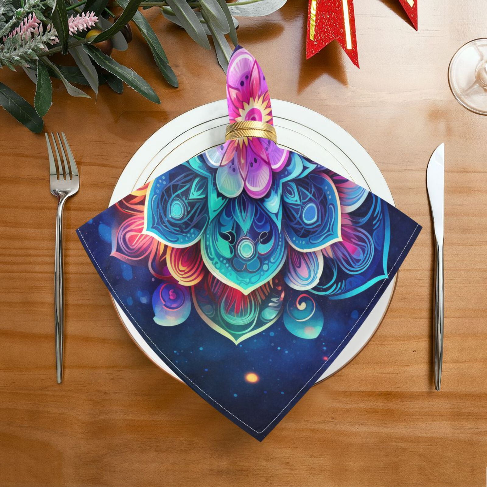 JSTEL Rainbow Mandala Galaxy Nebula Cloth Napkins Set of 6, 20x20 Inch Washable and Reusable Napkin for Decoupage Dinner Party Everyday Use