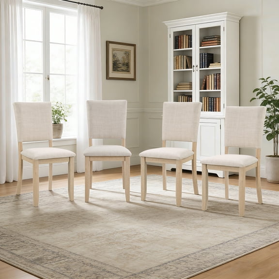 Modern Minimalist Dining Chairs Set of 4, Padded Seat, Wooden Upholstered Side Chair, Light Oak & Beige