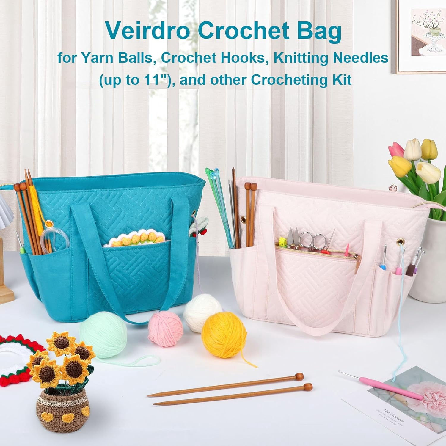 Crochet Bag Organizer for Yarn Storage, Velvet Knitting Tote Bag with Double Handle for Crochet Accessories, Portable Travel Case for Yarn Balls, Crochet Hooks& Knitting Needles Holder (Teal)