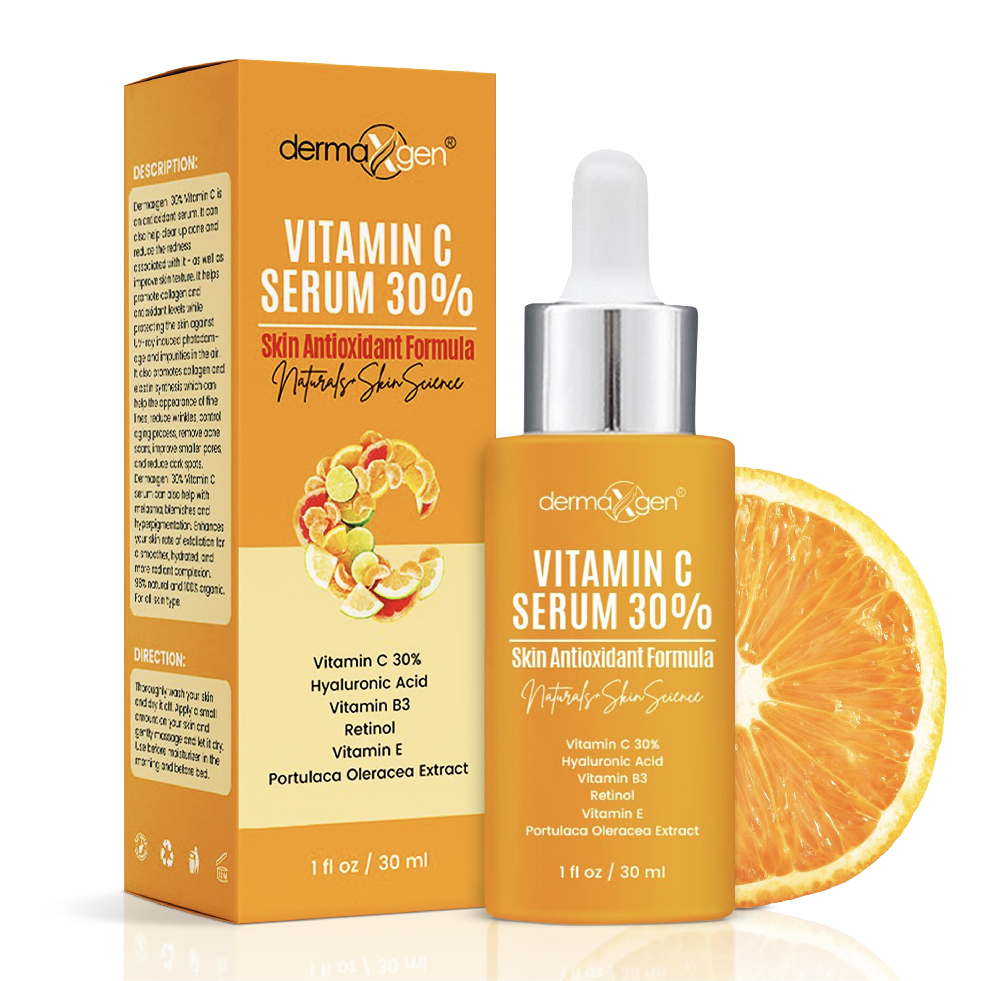 Dermaxgen 30% Vitamin C Facial Serum with Hyaluronic Acid and Retinol – Hydrating and Revitalizing Skincare - 1 Fl Oz