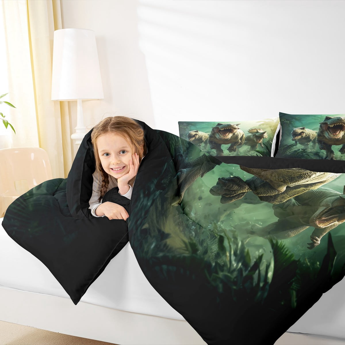 Manfei Boys Dinosaur Queen Comforter Set, Dino Theme Bedding Sets, Jungle Wildlife Bedding Comforter Set, Super Cozy Room Decor Reversible 3 Pieces