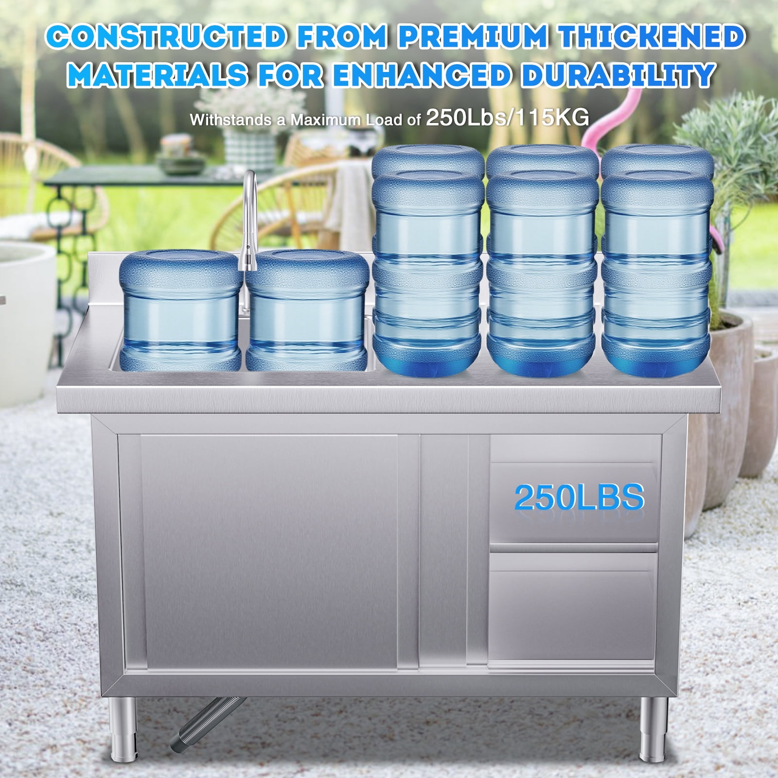 Gaonala 43.3in Outdoor Stainless Steel Utility Sink 2-Tier Cabinet Pull-out Faucet Workbench for Kitchen Office School