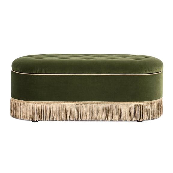 Jennifer Taylor Home Melinda 48.5" Oval Tufted Bullion Fringe Storage Bench, Olive Green Performance Velvet