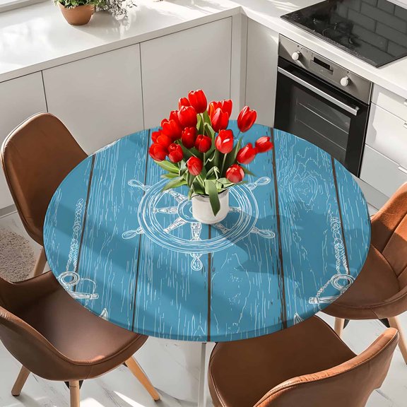 Coastal Nautical Elastic Fitted Round Tablecloth Anchors Ship Wheels Blue Wood Texture Waterproof Outdoor Table Cover for Holiday Party, Picnic, Patio & Dining Fits Tables Up to 36"-44"