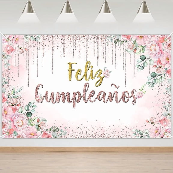 Feliz Cumpleaños Banner Pink Floral Mexican Happy Birthday Party Decorations Spanish Birthday Photo Background for Women Girl Mexico Birthday Party Decorations Banner (6x3.6ft)