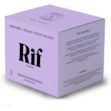 Rif Care Organic Cotton Menstrual Hemp Fiber Night Pads with Wings 10 Count, 1 Ea..