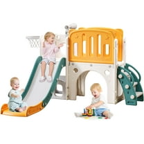 8 in 1 Toddler Slide for Toddlers Age 1-3, Extra-Long Slide with Basketball Hoop Indoor and Outdoor Baby Climber Playset Playground Freestanding Slide