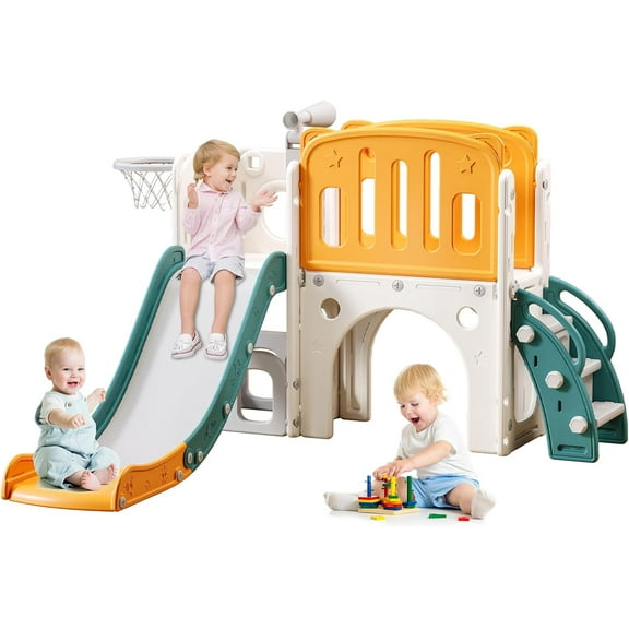 8 in 1 Toddler Slide for Toddlers Age 1-3, Extra-Long Slide with Basketball Hoop Indoor and Outdoor Baby Climber Playset Playground Freestanding Slide