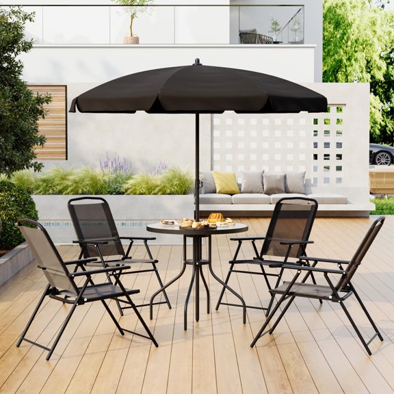 6 Pieces Patio Dining Set for 4, Small Outdoor Patio Table and Chairs Set, Patio Furniture Set with Umbrella & 4 Folding Chairs for Garden, Backyard, Poolside