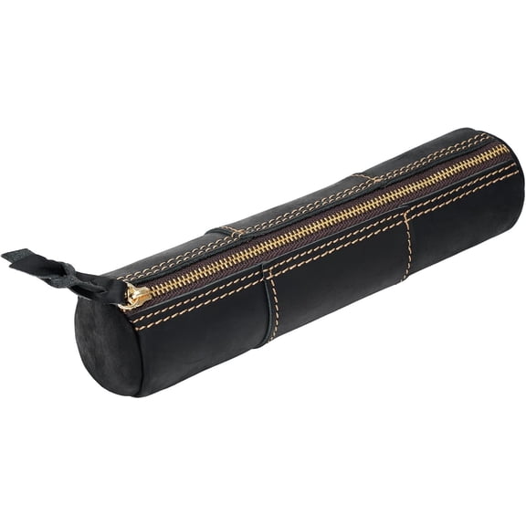 ABPETE Genuine Leather Pencil Case, Full-Grain Cowhide Leather Pouch, Small Pencil Pouch for Men, Vintage Pen Bag for Adults, Stationery Organizer Case for Work & Travel-Cylinder-Black