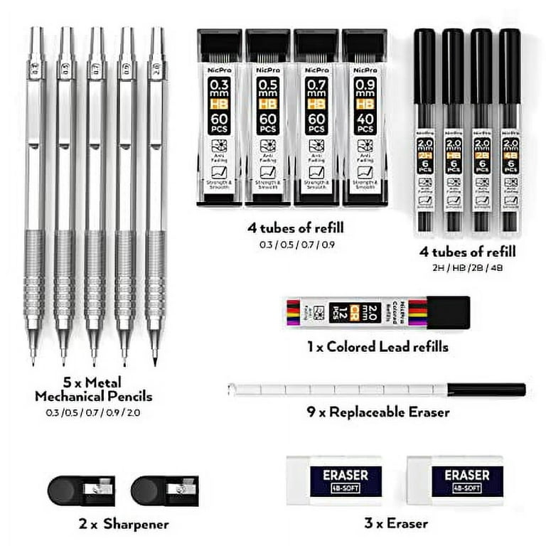 Nicpro Black Art Mechanical Pencil Set in Case, Metal Drafting Pencils 0.3,  0.5, 0.7, 0.9 & 2mm Graphite Lead Holders (2H HB 2B 4B Colored Lead) for