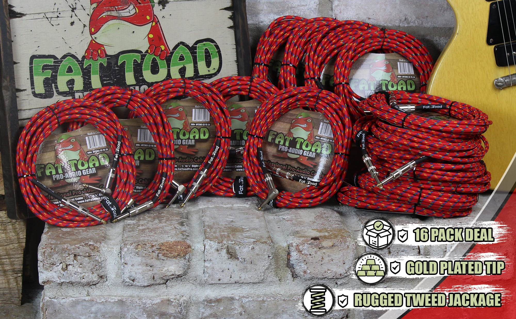 (16 Pack) Electric Guitar Cables | Fat Toad Woven TS 1/4 Plug Connecter Shielded
