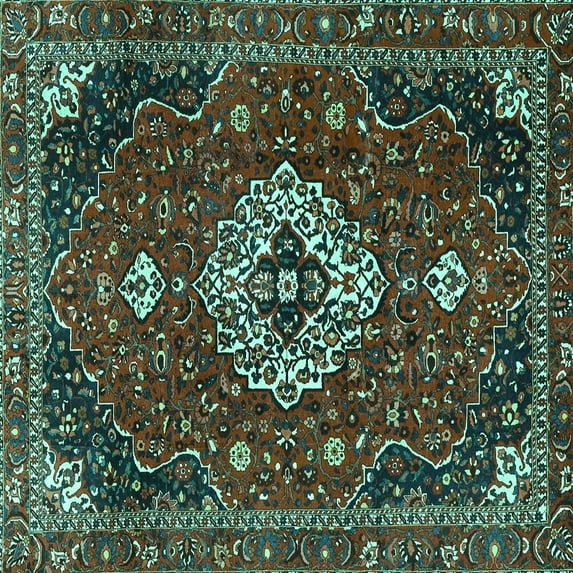 Ahgly Company Indoor Square Medallion Turquoise Blue Traditional Area Rugs, 4' Square