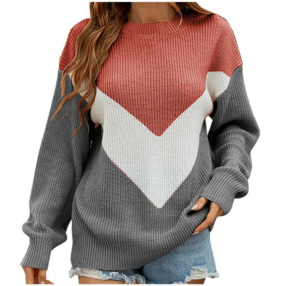Fall Sweaters for Women 2022 Pullover Colorblock Knit Sweater Round Neck Long Sleeve Sweater Casual Pullover Jumper clearance sweaters women