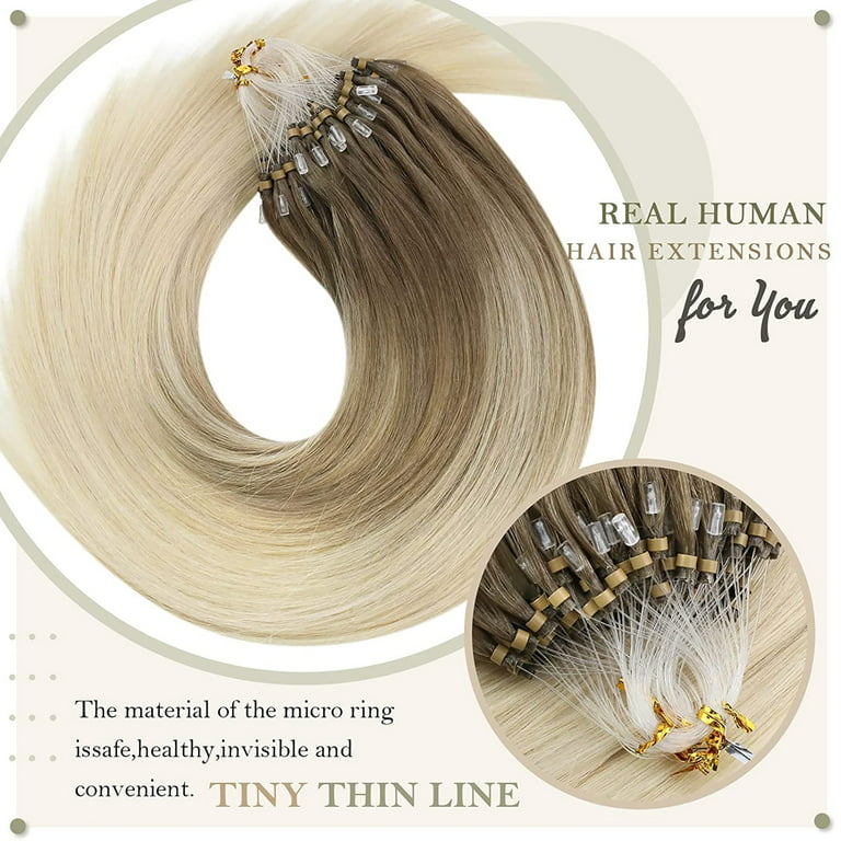 Sunny Micro Beads Hair Extensions Human Hair 50g Balayage Brown Micro Loop Hair Extensions Medium Brown Balayage with Blonde Microlink Human Hair