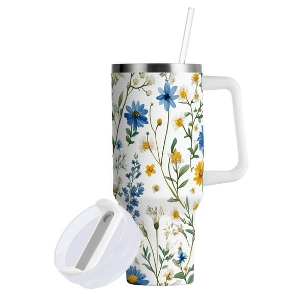 Yayeee 40oz Double-Wall Insulated Stainless Steel Tumbler with Handle Bottle, Blue Floral