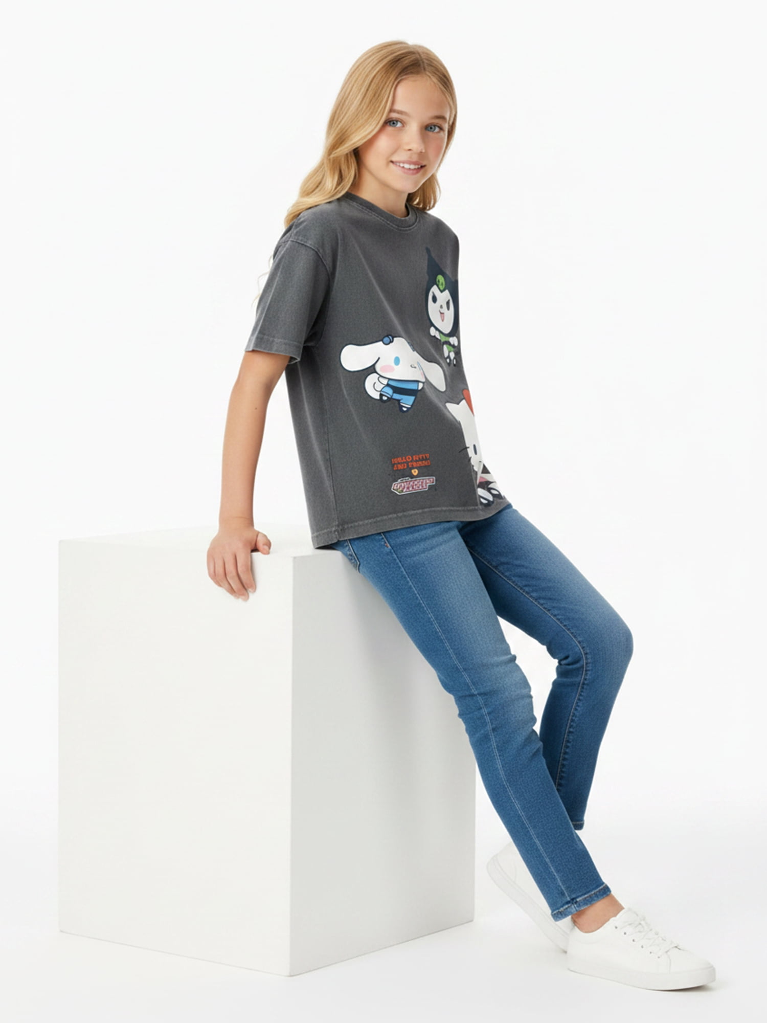 The Powerpuff Girls x Hello Kitty and Friends Girl’s Boxy Mineral Washed Graphic Crewneck Tee with Short Sleeves, Sizes 4-16