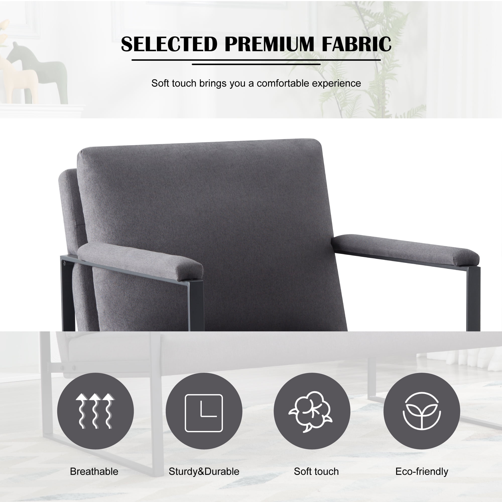 Gewnee Dark Gray 26.8” Metal Frame Accent Armchair, Linen Blend Soft Cushion Chair for Residential Living Space